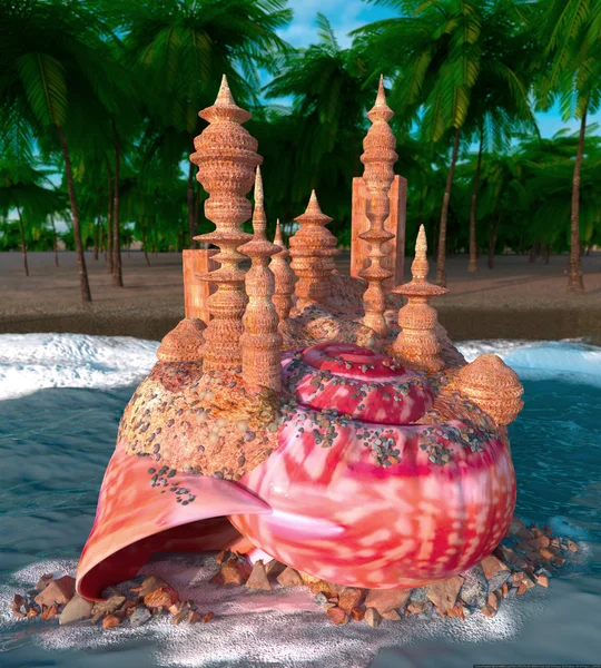 Relaxing vacation concept background with seashell,palms and sand castle — Stock Photo, Image