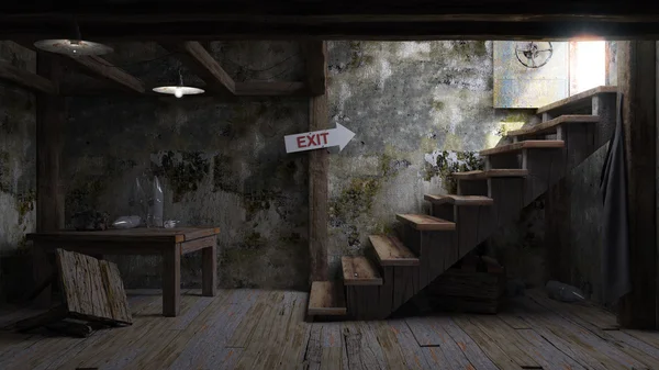 Antiguo concepto habitación refugio interior con letrero y escaleras — Foto de Stock