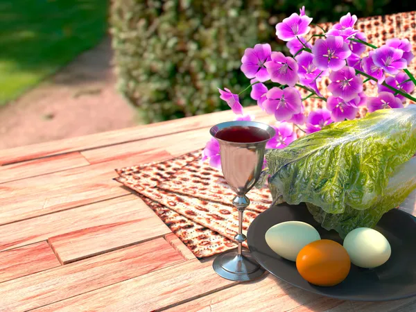 Zsidó Pészah ünnepelni húsvéti tojást, matzo és virágok a természet háttér — Stock Fotó