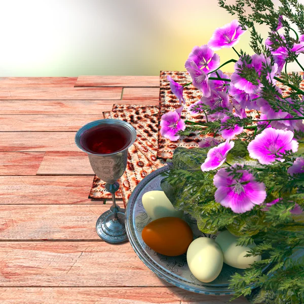 Jewish celebrate pesach passover with eggs, matzo and flowers on nature background — Stock Photo, Image