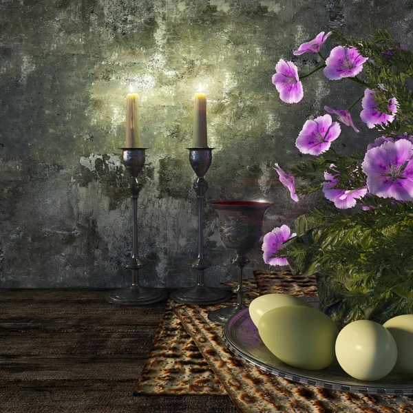 Židovská oslavit pesach beránka s vejci, MACO a květiny na pozadí přírody — Stock fotografie