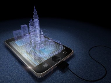 Dijital tablet ve fütüristik Kent ilerleme kavramı arka plan olarak