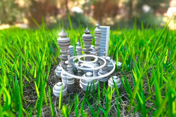 Futuristische Stadt auf dem grünen Gras Nahaufnahme Konzept Ökologie Hintergrund — Stockfoto