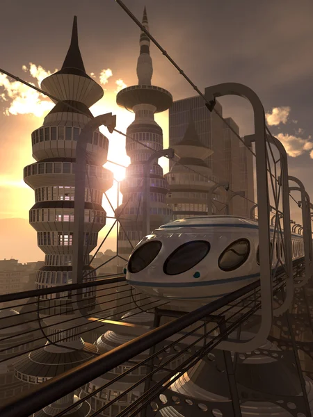 Veduta aerea della città futuristica con treno e tramonto — Foto Stock
