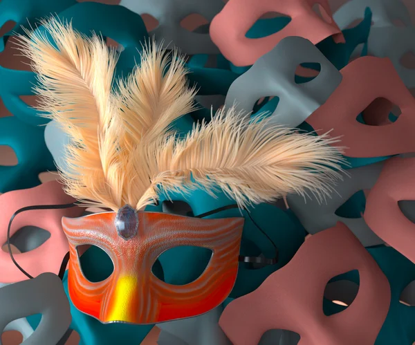 Red carnival mask with feathers and masks on background — Stock Photo, Image