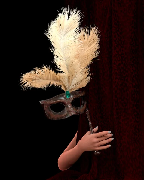 Vacker ung kvinna hand med gardin och carnival mask — Stockfoto
