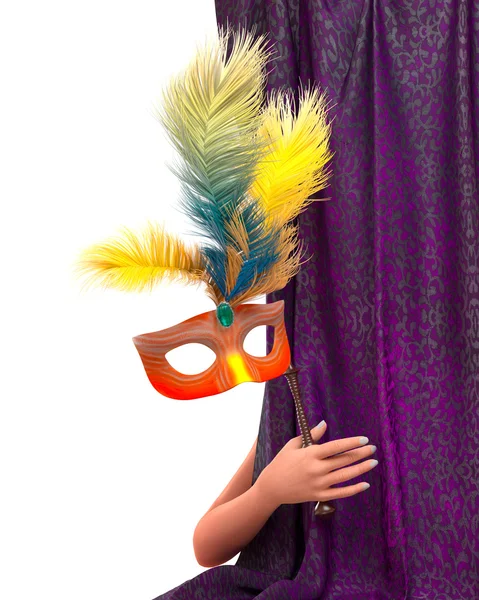 Beautiful young woman hand with curtain and carnival mask — Stock Photo, Image
