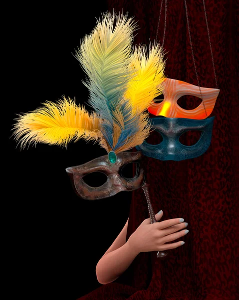 Vacker ung kvinna hand med gardin och carnival mask — Stockfoto