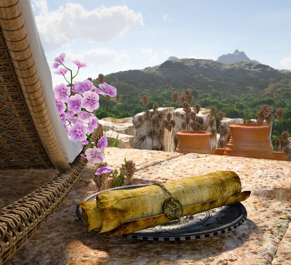 Древняя архитектура с шезлонгами и спиралью концепция туризма фоне отдыха — стоковое фото