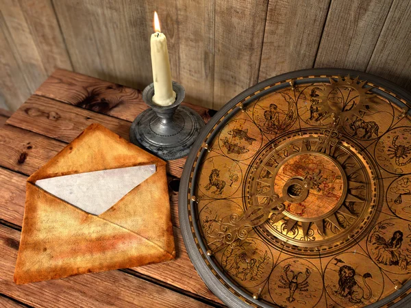 Mystical concept still life with zodiac sighs, candle and letter — Stock Photo, Image