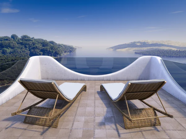 Balcone con vista mare e due sedie concetto di vacanza sfondo — Foto Stock