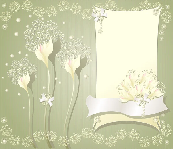 Elegante floral achtergrond met frame bloemen bogen lint parels en lace — Stockvector