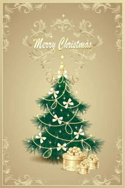 Noel ağacı ve hediyeler yay, bell, yıldız, garland ve boncuk