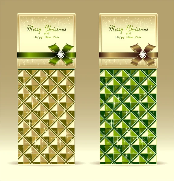 Banners or gift card with bow geometric pattern green gold — Stock Vector