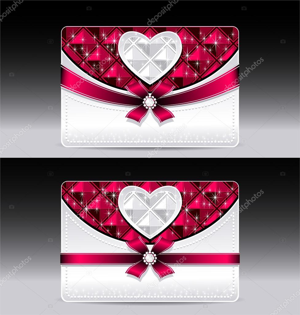 Gift cards with heart geometric pattern red bow ribbon
