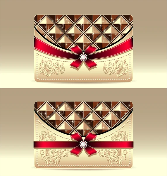 用几何图案的红色蝴蝶结缎带金礼品卡 — 图库矢量图片
