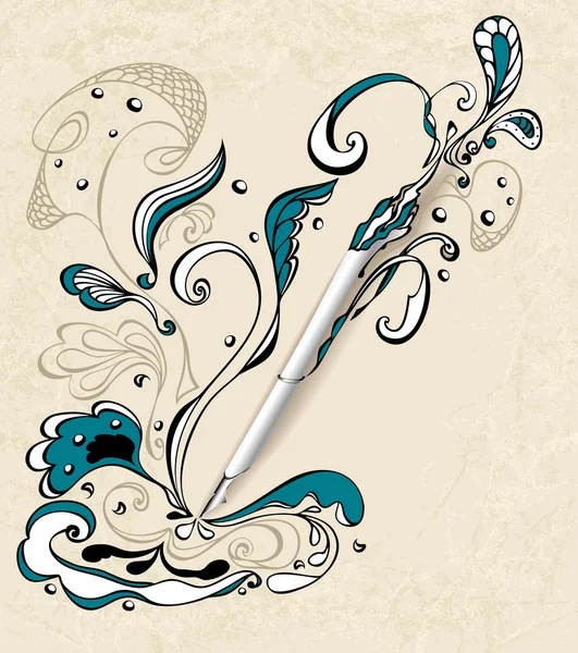 Stift mit abstrakter Zeichnung auf grunge-beigem Hintergrund — Stockvektor