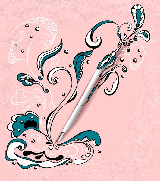 Stift mit abstrakter Zeichnung auf hellrosa Grunge-Hintergrund — Stockvektor