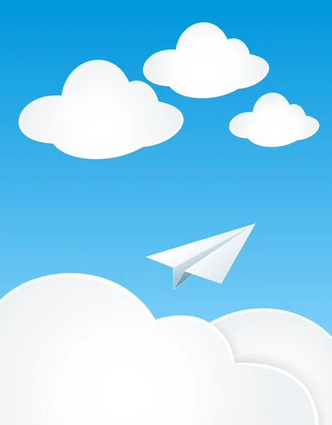 Paper Plan with clouds in sky — Stock Vector