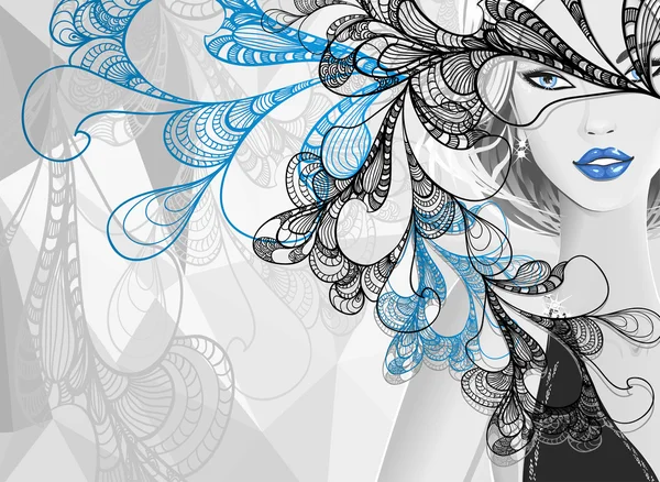 Belle fille argentée avec masque abstrait doodle — Image vectorielle