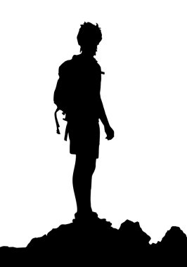 vektör çizim dağın tepesinde duran backpacker