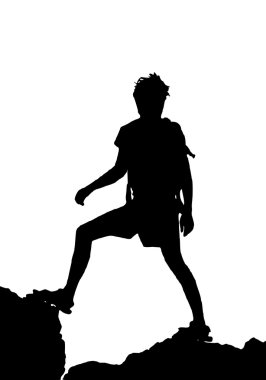 vektör çizim dağın tepesinde duran backpacker