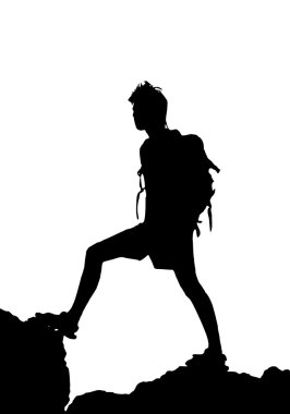 vektör çizim dağın tepesinde duran backpacker