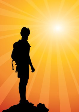 vektör çizim dağın tepesinde duran backpacker