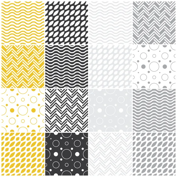 Geometric seamless patterns: polka dots, waves, chevron — Stock Vector