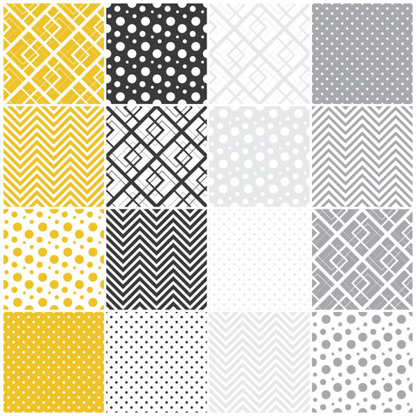 geometric seamless patterns: squares, polka dots, chevron