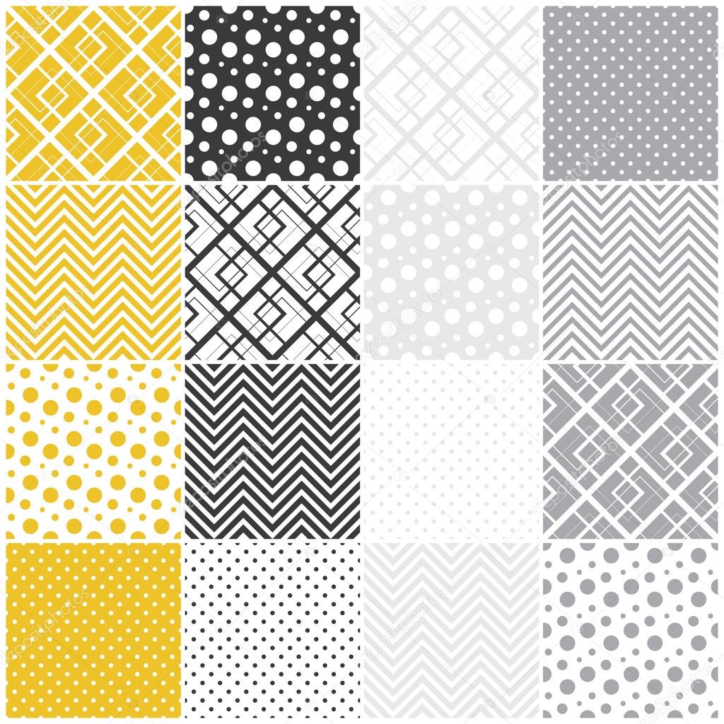 geometric seamless patterns: squares, polka dots, chevron