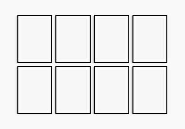 Çerçeve modeli 5x7, 50x70, A4, A3, A2, A1. Sekiz tane ince siyah çerçeve. Galeri duvarı maketi, 8 karelik set. Temiz, modern, minimalist, parlak. Portre. Dikey. Passepartout / mat açılışı 2: 3 çerçeve oranı.