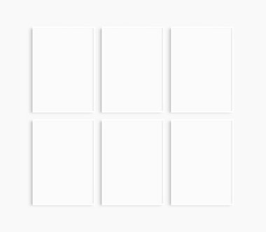 Çerçeve modeli 5x7, 50x70, A4, A3, A2, A1. Altı tane ince beyaz çerçeve. Galeri duvarı maketi, 6 karelik set. Temiz, modern, minimalist, parlak. Portre. Dikey.