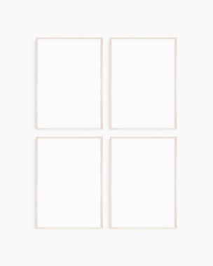 Çerçeve modeli 5x7, 50x70, A4, A3, A2, A1. Dört tane ince, hafif ahşap çerçeve. Galeri duvarı maketi, 4 kare set. Temiz, modern, minimalist, parlak. Portre. Dikey.