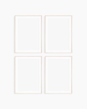Çerçeve modeli 5x7, 50x70, A4, A3, A2, A1. Dört tane ince, hafif ahşap çerçeve. Galeri duvarı maketi, 4 kare set. Temiz, modern, minimalist, parlak. Portre. Dikey. Passepartout / mat açılışı 2: 3 çerçeve oranı.