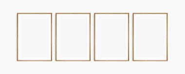 Çerçeve modeli 5x7, 50x70, A4, A3, A2, A1. Dört tane ince kiraz ağacı çerçevesi. Galeri duvarı maketi, 4 kare set. Temiz, modern, minimalist, parlak. Portre. Dikey. Passepartout / mat açılışı 2: 3 çerçeve oranı.