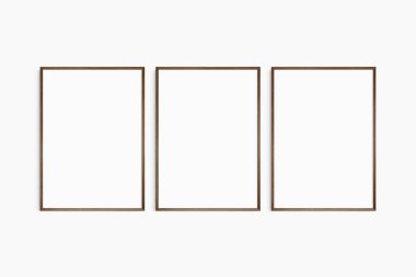Çerçeve modeli 5x7, 50x70, A4, A3, A2, A1. Üç tane ince, koyu kahverengi ceviz ağacı çerçevesi. Galeri duvarı maketi, 3 kare seti. Temiz, modern, minimalist, parlak. Portre. Dikey.