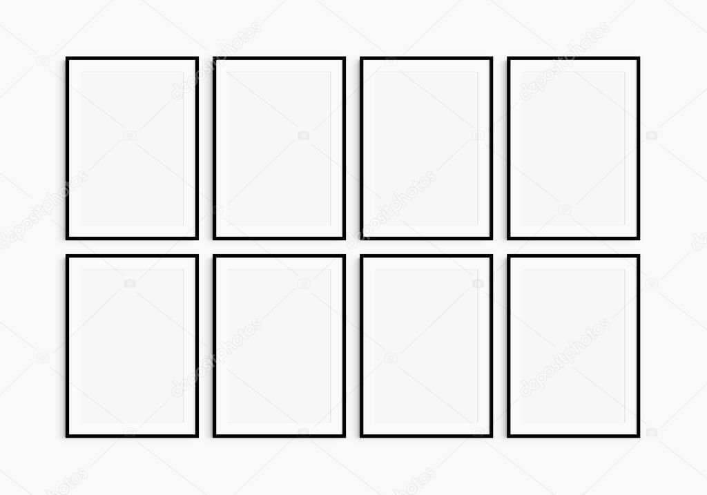 Frame mockup 5x7, 50x70, A4, A3, A2, A1. Set of eight thin black frames. Gallery wall mockup, set of 8 frames. Clean, modern, minimalist, bright. Portrait. Vertical. Passepartout/mat opening in 2:3 aspect ratio.