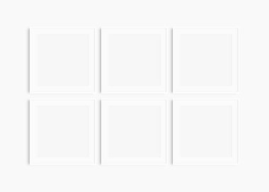 Çerçeve modeli 1: 1 kare. Altı tane ince kare çerçeve. Temiz, modern, minimalist, parlak galeri duvarı maketi, paspas açık 6 kare set.