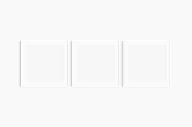 Çerçeve modeli 1: 1 kare. Üç tane ince kare çerçeve seti. Temiz, modern, minimalist, parlak galeri duvarı maketi, paspas açık 3 kare seti..