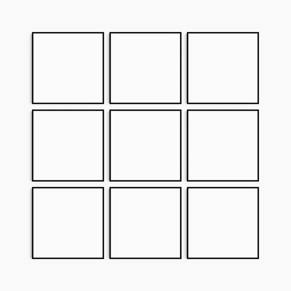 Frame Mockup Square Set Nine Thin Black Square Frames Clean — Stock Photo, Image