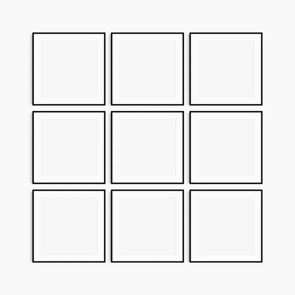 Frame Mockup Square Set Nine Thin Black Square Frames Clean — Stock Photo, Image