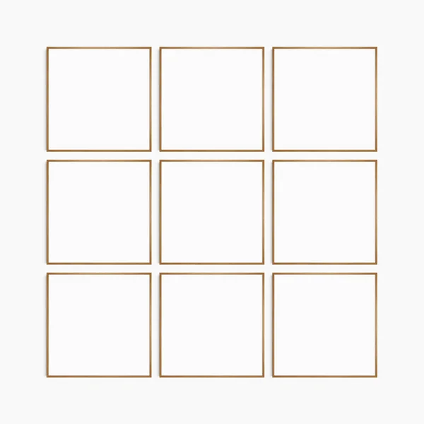 框架模型1 1正方形 一套9个薄薄的樱桃木框架 明亮的画廊墙壁模型 一套9平方框 — 图库照片