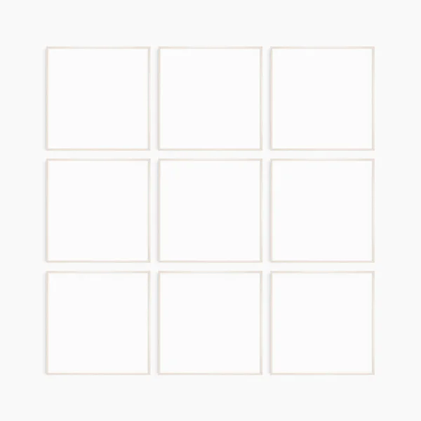 Frame Mockup Square Set Nine Thin Light Wood Frames Clean — Stock Photo, Image