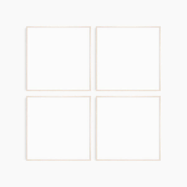 Frame mockup 1:1 square. Set of four thin light wood frames. Clean, modern, minimalist, bright gallery wall mockup, set of 4 square frames.