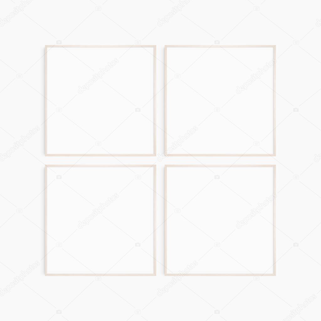 Frame mockup 1:1 square. Set of four thin light wood frames. Clean, modern, minimalist, bright gallery wall mockup, set of 4 square frames.