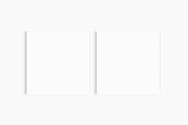 Çerçeve modeli 1: 1 kare. İki tane ince beyaz kare çerçeve. Temiz, modern, minimalist, parlak galeri duvarı maketi, 2 kare set.