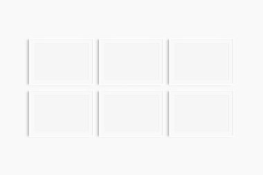 Yatay çerçeve modeli 7: 5, 70x50, A4, A3, A2, A1 manzarası. Altı tane ince beyaz çerçeve. Galeri duvarı maketi, 6 karelik set. Temiz, modern, minimalist, parlak. Mat açılış 3: 2.