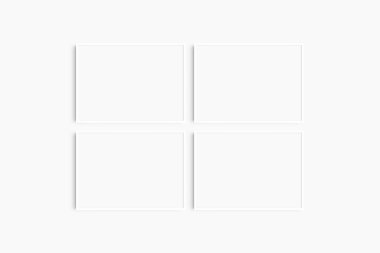 Yatay çerçeve modeli 7: 5, 70x50, A4, A3, A2, A1 manzarası. Dört tane ince beyaz çerçeve. Galeri duvarı maketi, 4 kare set. Temiz, modern, minimalist, parlak.