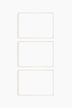 Yatay çerçeve modeli 7: 5, 70x50, A4, A3, A2, A1 manzarası. Üç tane ince, hafif ahşap çerçeve. Galeri duvarı maketi, 3 kare seti. Temiz, modern, minimalist, parlak.